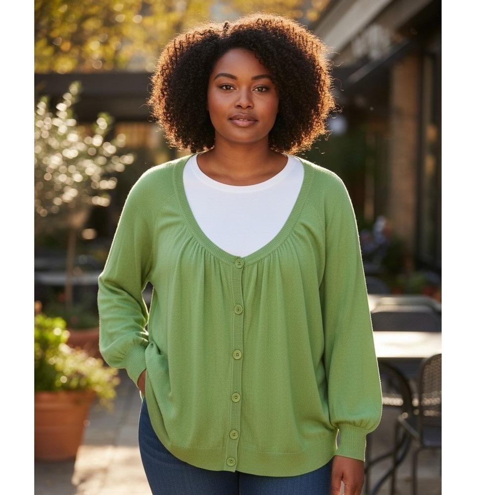 Joseph A Green Scoop Neck Button Front Pleated Cardigan XL Rayon Blend